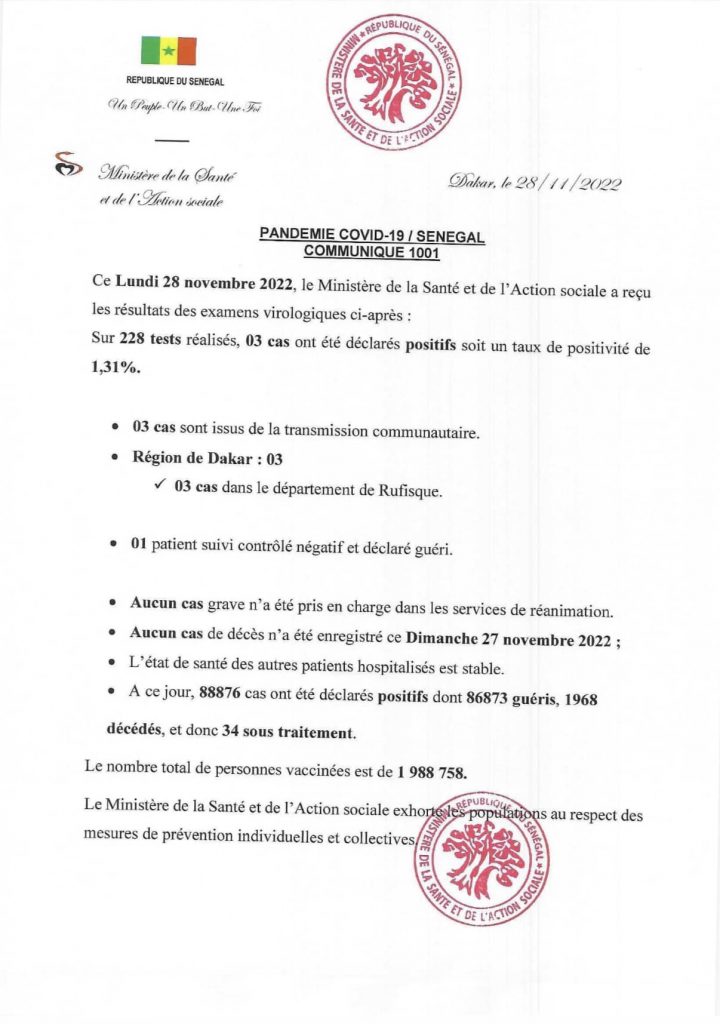 🇸🇳 COVID-19 Sénégal : Communiqué 1001/28 Novembre 2022 2 316555456 460760622907852 3085851412200838115 n