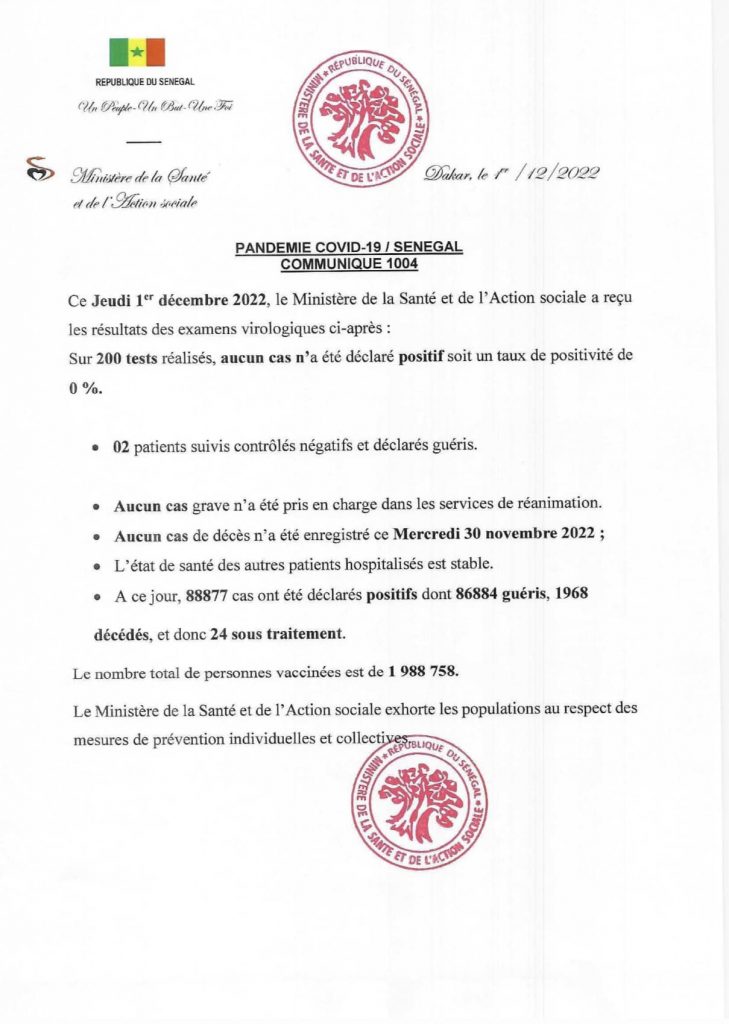 🇸🇳 COVID-19 Sénégal : Communiqué 1004/01 Décembre 2022 2 316961642 462917076025540 2947354752138322198 n