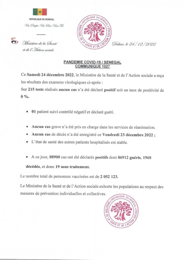 🇸🇳 COVID-19 Sénégal : Communiqué 1027/24 Décembre 2022 2 FkvmAxtXwAE2buc