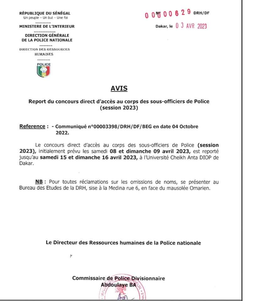 🇸🇳 Concours Polices 2023 : Nouveau report du concours direct d’accès au corps des sous-officiers 2 FB IMG 1680552916401