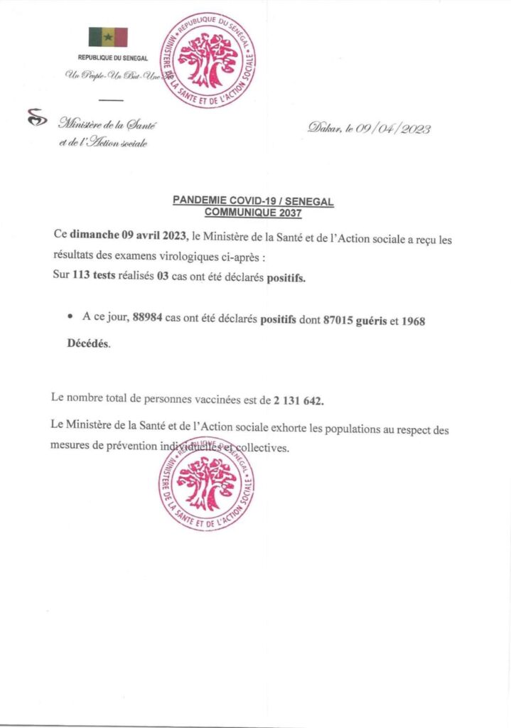 🇸🇳 COVID-19 Sénégal : Communiqué 2037/09 Avril 2023 2 FB IMG 1681053766749