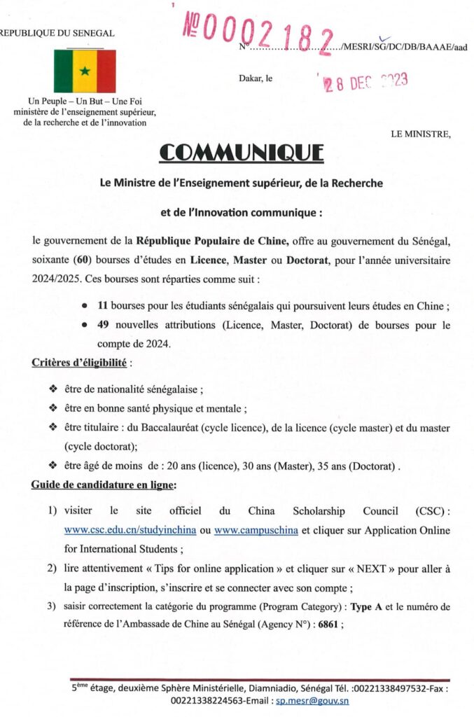 🇸🇳 Bourses d’études offertes par la Chine aux étudiants sénégalais pour l’année universitaire 2024/2025 2 416709913 773571908145947 6548453021477842171 n