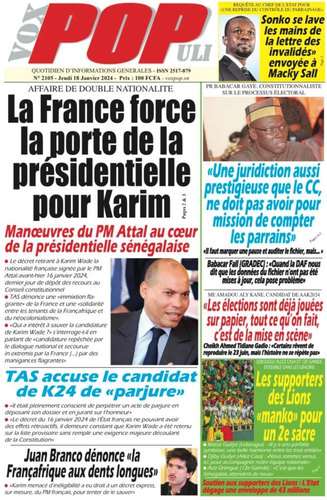 🇸🇳 Les gros titres du jour au Sénégal : Jeudi 18 Janvier 2024 45 FB IMG 1705567275801