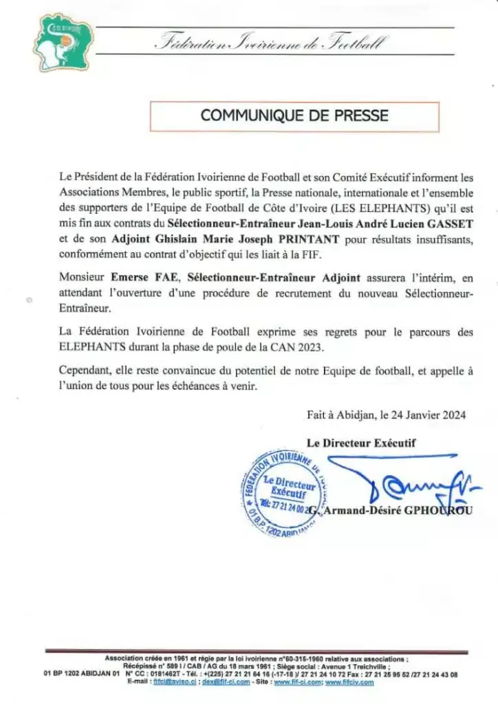 🇨🇮 La Fédération ivoirienne de football met fin au contrat de l'entraîneur Gasset en pleine CAN 2 image 174