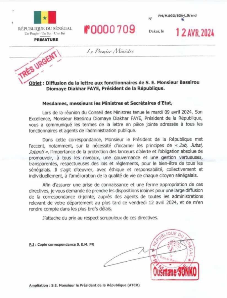 🇸🇳 Dans une lettre aux membres du gouvernement, Ousmane Sonko insiste sur l’éthique et la transparence 2 image 108