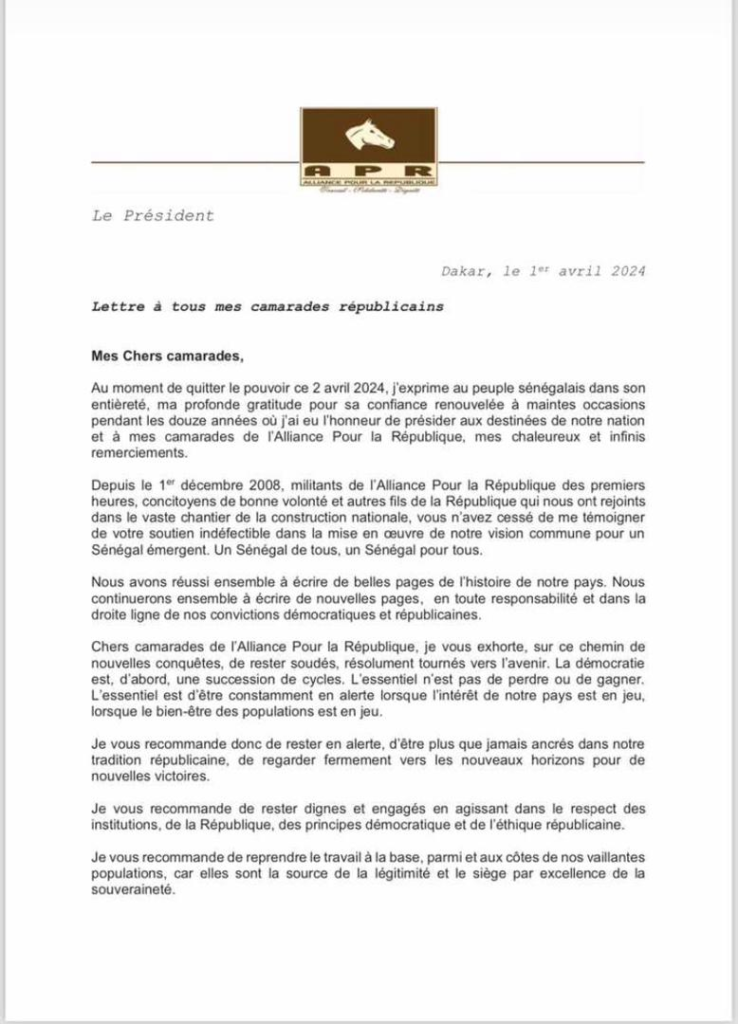 🇸🇳 Lettre d’adieu à l’APR : Macky Sall exhorte à l'unité et à la vigilance démocratique 2 image 6