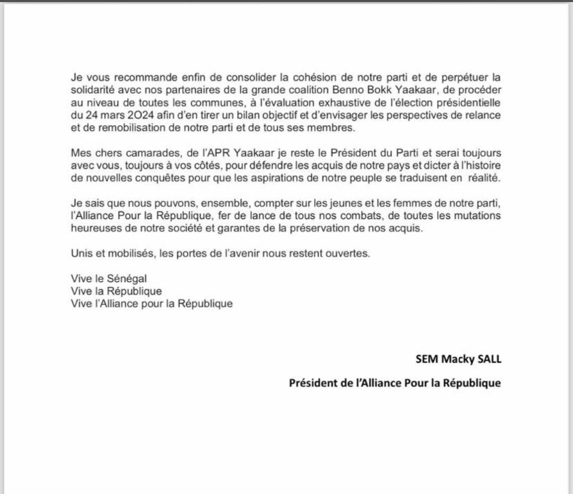 🇸🇳 Lettre d’adieu à l’APR : Macky Sall exhorte à l'unité et à la vigilance démocratique 3 image 7