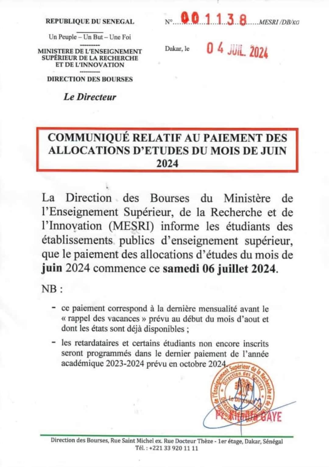 🇸🇳 Paiement des Bourses d'Études du Mois de Juin 2024 : Les Détails du MESRI 2 1000330301