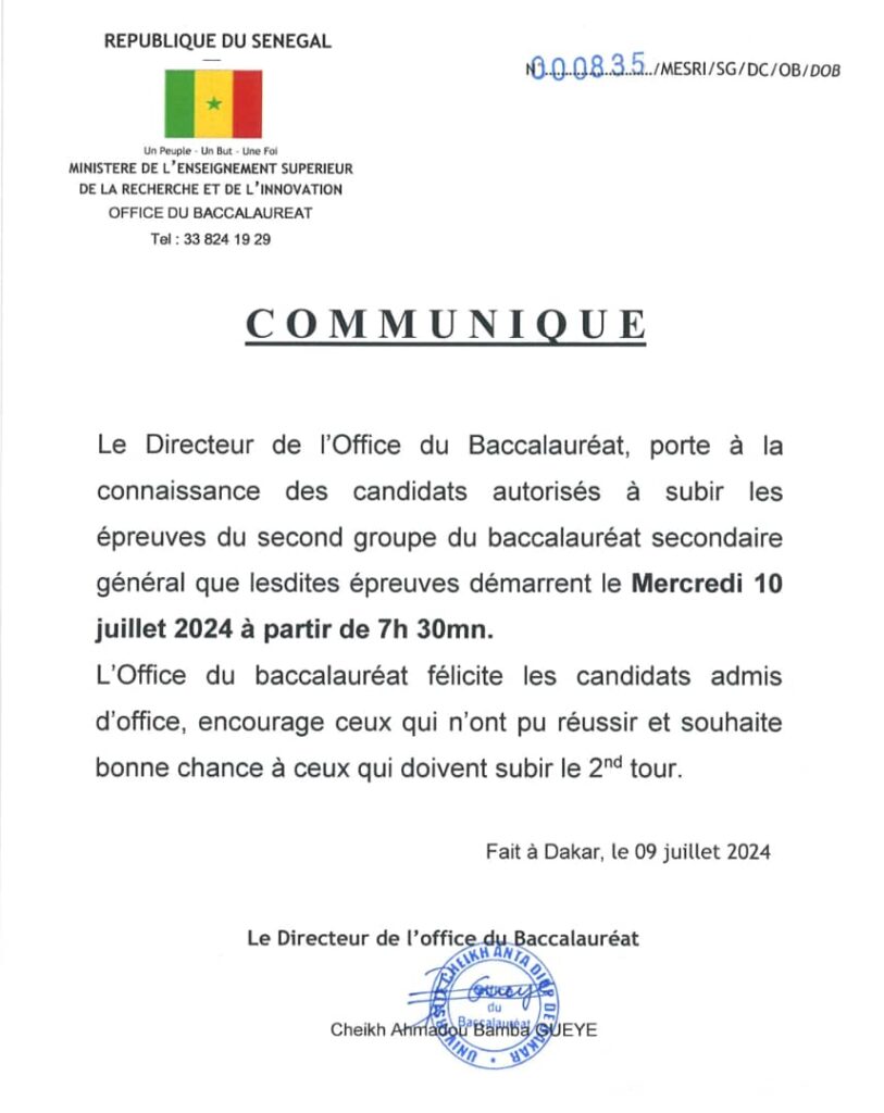 🇸🇳 Communiqué de l'Office du Baccalauréat : Démarrage des Épreuves du Second Groupe 2 WhatsApp Image 2024 07 09 a 11.52.05 0ea0209c